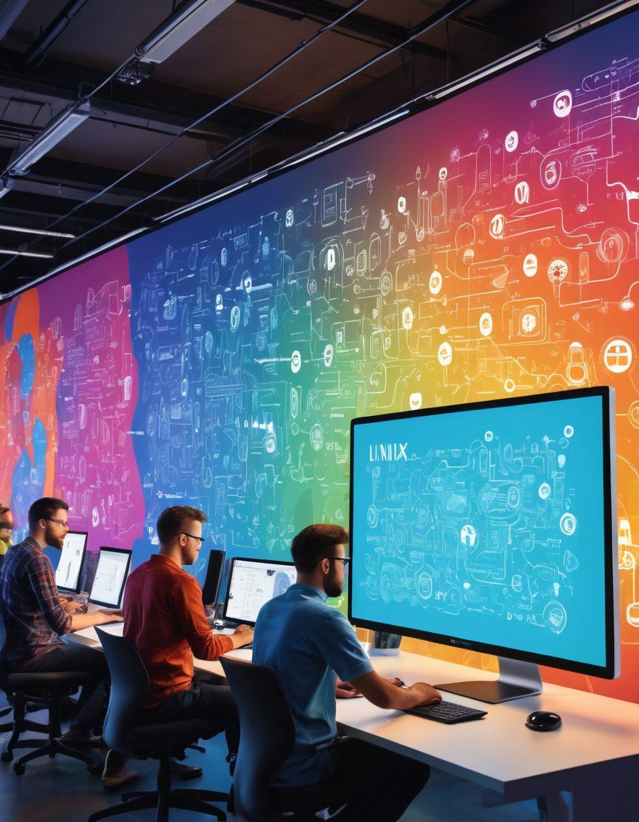 An artistic representation of a diverse team of engineers collaborating around a computer, with a large screen displaying the Linux logo and code snippets. Surrounding them are colorful icons symbolizing open-source projects like gears, light bulbs, and chat bubbles, showcasing innovation and teamwork. The backdrop features a coding-themed mural with a digital world map. vibrant colors. modern tech style.