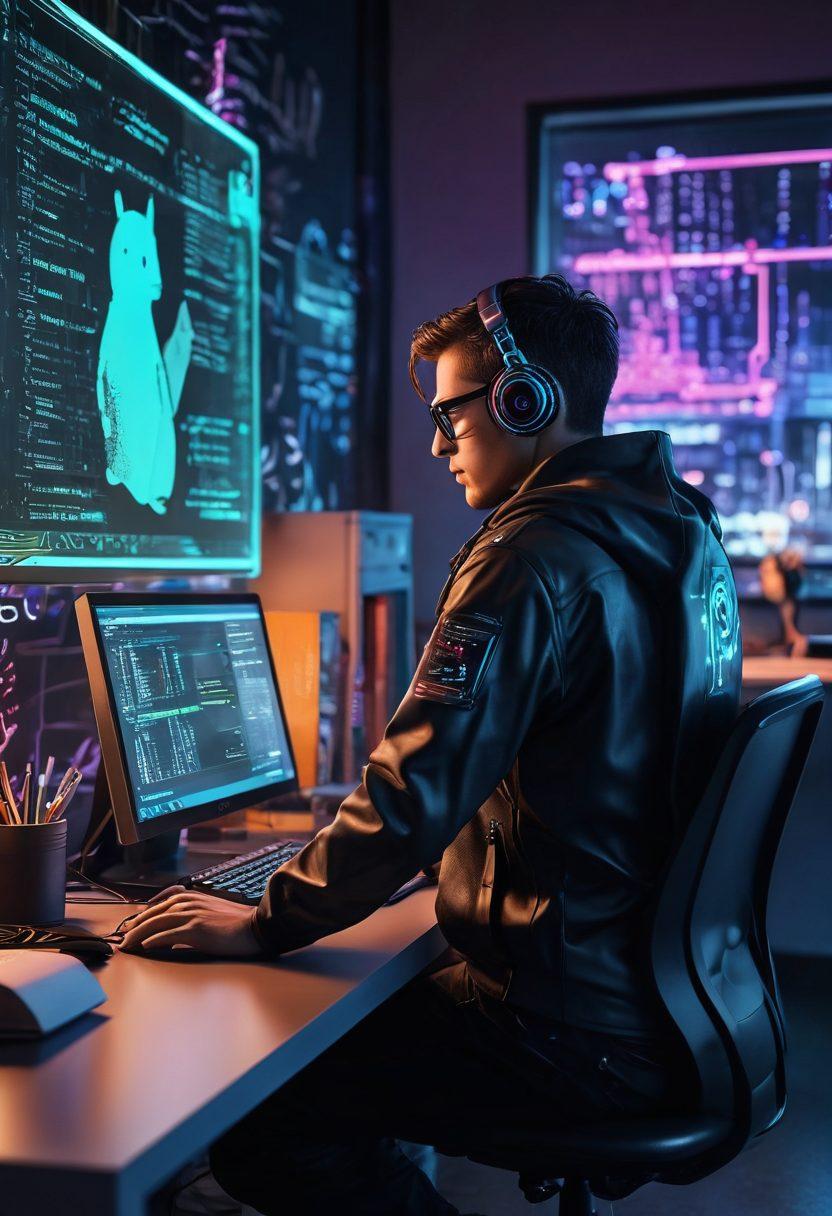 A dynamic and futuristic workspace showcasing a developer and a system administrator immersed in coding on a sleek terminal interface. The backdrop features a Linux mascot in vibrant colors, surrounded by glowing code snippets and essential commands floating around. Include elements like a coffee mug, books, and a digital clock showing time in code. Create a sense of collaboration and mastery over technology. vibrant colors. cyberpunk style. 3D.