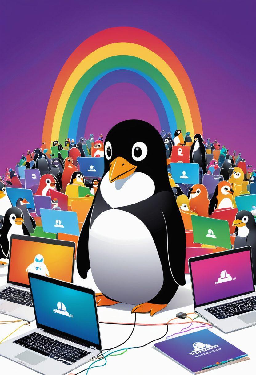 A vibrant conceptual illustration of a glowing Linux mascot (Tux the Penguin) surrounded by diverse people collaborating on laptops, discussing community support, coding, and sharing resources. In the background, a rainbow of coding languages are depicted in commendable colorful blocks. The whole scene radiates an atmosphere of learning, connection, and empowerment. super-realistic. vibrant colors. white background.